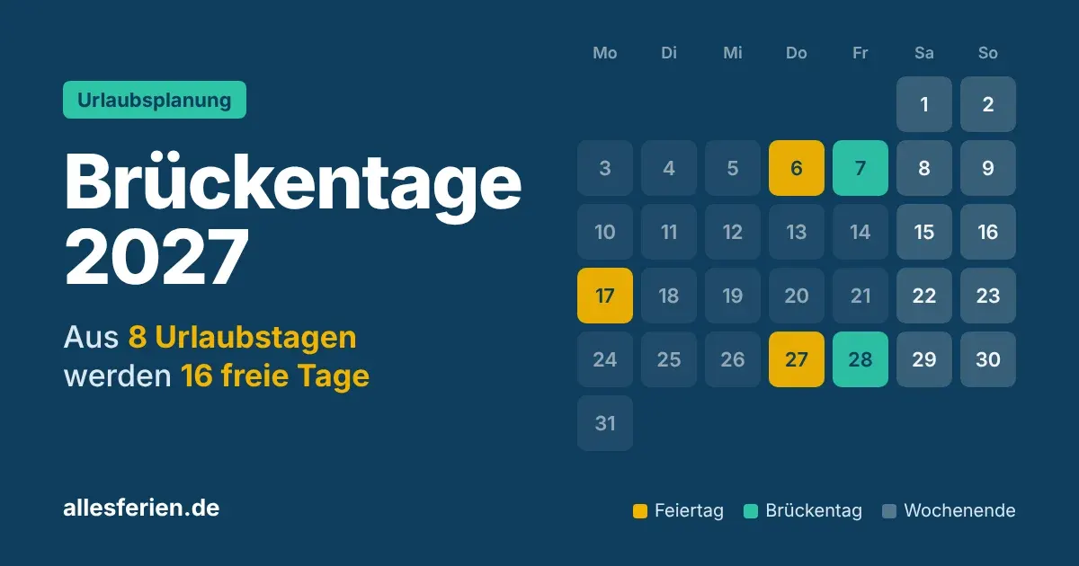 Brückentage 2027: Kalender Mai 2027 mit Feiertagen und Brückentagen